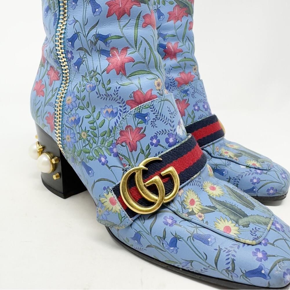 Gucci Peyton Flora Pearl GG Web Stripe Ankle Boots Womens Size EU 37 - Picture 11 of 14